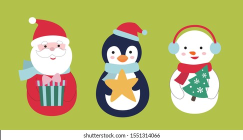 A set of cute Santa Claus with a penguin and a snowman.Christmas vector illustration.Holiday material.