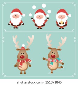 Set of cute santa claus and rudolph reindeer. Vector illustration