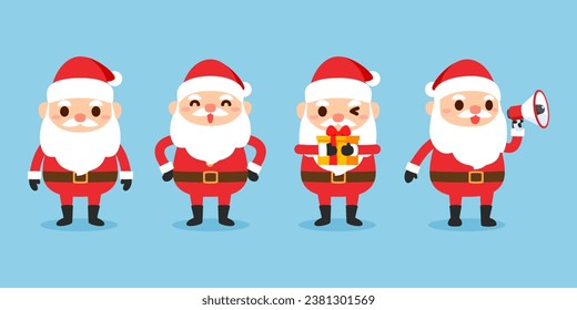 Set Cute Santa Claus stand, laugh, hold a giftbox, and speak megaphone, isolated on a blue background. Vector illustration cartoon flat design.