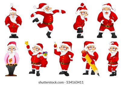 Set of cute Santa Claus writing with big pencil. Santa Claus standing with crossed arms. Set of smiling Santa Claus wearing glasses and business suit. Vector illustration isolated on white background.