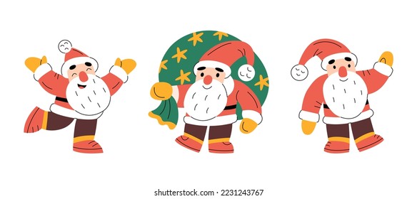 Set of cute Santa Clauses laughing, greeting and waving hands. Funny Christmas characters. Colorful New year symbol. Xmas holiday toy and decor. Minimalistic flat hand-drawn isolated illustration