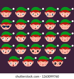 Set of Cute Santa Elf emoji cons with different expressions of emotions. Elf Emoji, face of Elf with different expressions of emotions. Vector illustration.Christmas emoji collection.