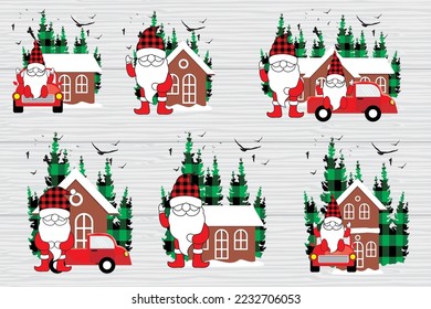 Set Cute Santa gnome vector. Gnomes pose in front of houses and cars in the Christmas season. Christmas illustration for greeting cards and Christmas gifts