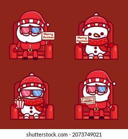 Set Of Cute Santa And Snowman Watching Christmas Movie At Cinema Wearing 3d Glasses, Hold Popcorn, And Ticket.