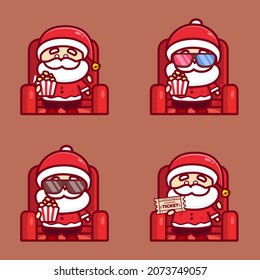 Set of cute santa watching christmas movie at cinema and hold popcorn 
