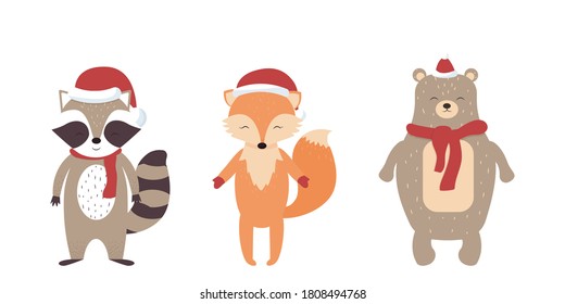 Set of cute Scandinavian animals fox, racoon, bear in Christmas hats and scarves isolated on white background. Stylish holiday decorations.