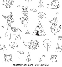 Set of cute scandinavian animals and nature elements. Vector illustration in doodle style on a white background.
