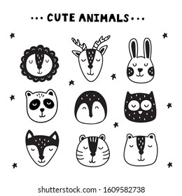 Set of cute scandinavian animals on isolated background. Black and white minimal animals for kids posters, prints or wallpars. Nordic animals with elements.