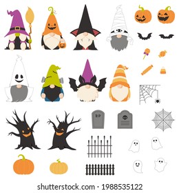 Set of cute Scandinavian gnomes in Halloween costumes and design elements. Flat cartoon style vector illustrations, isolated on white background.