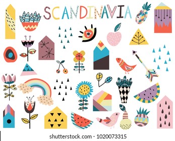 Set of cute scandinavian style elements. Hand drawn vector illustration.
