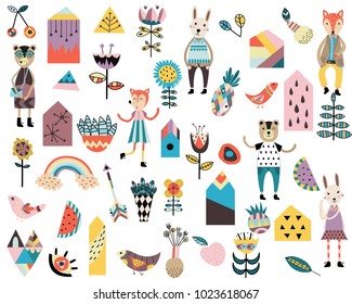 Set of cute scandinavian style elements and animals. Hand drawn vector illustration.