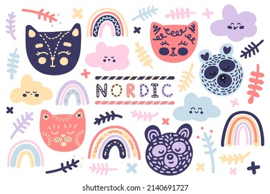 Conjunto de adorables iconos vectoriales de estilo escandinavo aislados en fondo blanco. Delicados osos de peluche pastel, gatitos, arcos y ramas para niños, niños pequeños, estampados, carteles, textiles, decoración, tarjetas, envolturas