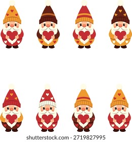 Conjunto de personagens bonitos Scandinavian Tomte em poses diferentes com corações. Ilustração vetorial com uma paleta de cores quentes de laranja, marrom e roxo, ideal para scrapbooking, arte infantil, impressões têxteis e gráficos de celebração sazonal