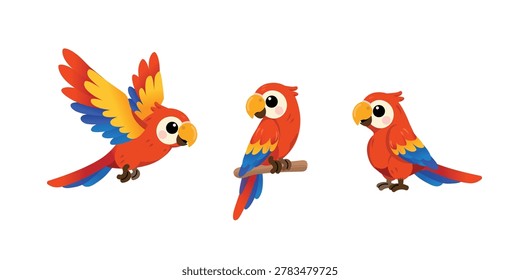 Set of cute scarlet macaw parrot cartoon in different poses: flying, sitting on a branch, and standing. Isolated on white background. Vector illustration.