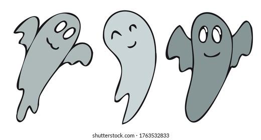 conjunto de fantasmas lindos y aterradores, elemento decorativo vectorial para la celebración de halloween en estilo doodle, ilustración de color