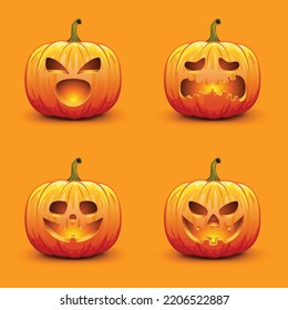 Set of cute and scary Halloween pumpkins. Autumn holiday vector illustration