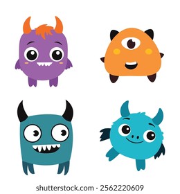 Set of Cute Scary Horned Monster Mascot Cartoon Character with Humor Happy Expression