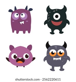 Set of Cute Scary Horned Monster Mascot Cartoon Character with Humor Happy Expression