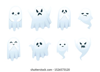 Set of cute scary little ghost with different emotes on face cartoon character design flat vector illustration isolated on white background