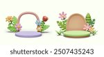 Set of cute scenes in cartoon style. Podiums decorated with natural elements