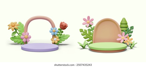 Set of cute scenes in cartoon style. Podiums decorated with natural elements