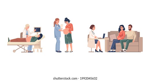 A set of cute scenes with a woman expecting a baby. Visit doctor. Consultation of a doctor and a pregnant woman with her husband. Flat cartoon design. Isolated on a white background. Vector
