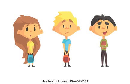 Set of Cute School Children with Backpacks, Teenage Boys and Girls Characters Cartoon Vector Illustration