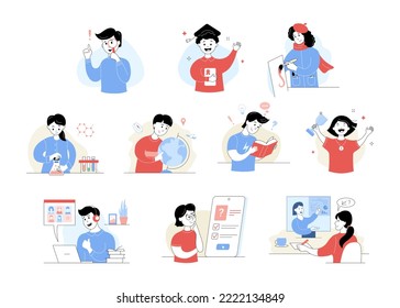 Set of cute school children learning at school. Boys and girls students at lesson of chemistry, geography, literature and art. School education and homeschooling cartoon thin line vector illustration