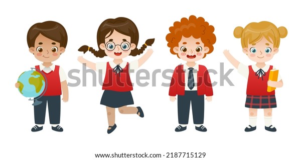 Set Cute School Children Uniform Happy Stock Vector (Royalty Free ...