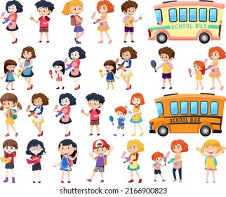 Set of cute school kids cartoon characters illustration