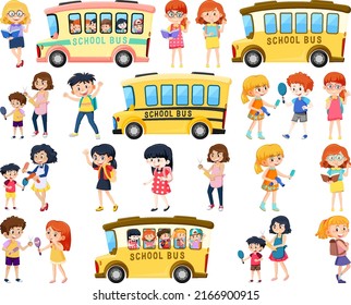 Set of cute school kids cartoon characters illustration