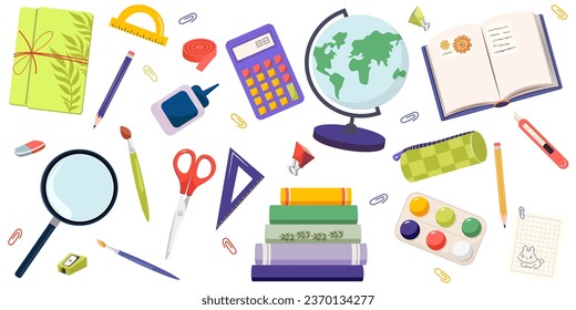 A set of cute school stationery and art supplies. Kawaii accessories for studying. Back to school. Vector illustration EPS10.