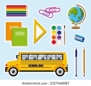 Set of cute school stickers in cartoon style. Vector illustration of colored different stickers: pencils, notebooks, paper clips, paints, globe, ruler, sharpener, school bus.