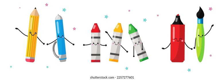  Set of cute school supplies in cartoon style. Vector illustration of stationery characters: smiling pencil and pen, colored wax pencils, marker and brush isolated on white background.