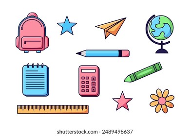 Set of Cute School Supplies Isolated On White Background.