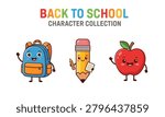 Set of cute school supply characters including a backpack, a pencil, and an apple, designed in a fun cartoon style for back to school themes.