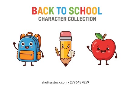 Set of cute school supply characters including a backpack, a pencil, and an apple, designed in a fun cartoon style for back to school themes.