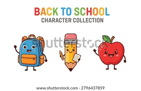 Set of cute school supply characters including a backpack, a pencil, and an apple, designed in a fun cartoon style for back to school themes.