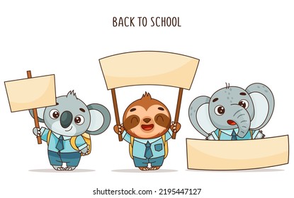 Set of cute schoolchildren koala, sloth and elephant. Vector cartoon character holding blank banner, poster, peeping.