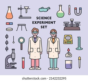 Set of cute scientist characters and laboratory experiment tools icons.  flat design style vector illustration.