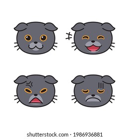 Set of cute scottish fold cat faces showing different emotions for design.