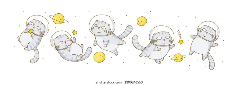 Set of cute scottish fold cats astronauts isolated on white back