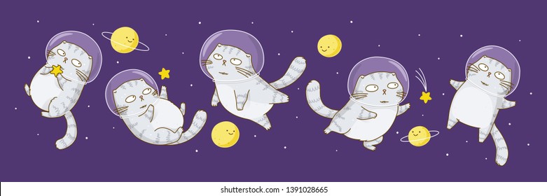 Set of cute scottish fold cats astronauts on starry sky backgrou