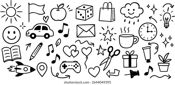 Set of cute scrapbook doodle, variety school theme. Vector black line elements, isolated as a png