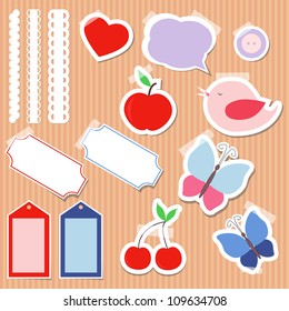 Set of cute scrapbook elements - tag, lace, bird, ticket, button and butterfly