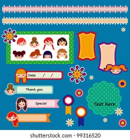 set of cute scrapbook elements. vector illustration. Girls face.