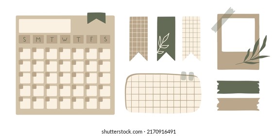 Set of Cute Scrapbook paper note and printable elements. To do list and Weekly journal planner template. Simple memo sticker. Vector illustration