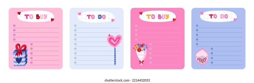 Set of cute scrapbook templates for planner (notes, to do, to buy, to read) with illustrations about love, Valentine's day. With printable, editable illustrations. For school and university schedule