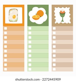 Set of cute scrapbook templates for planner (notes, to do, to buy and other) with illustrations about healthy breakfast. With printable, editable illustrations. For school and university schedule.