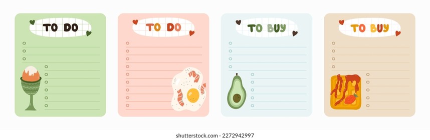 Conjunto de adorables plantillas de scrapbook para planificador (notas, por hacer, por comprar y otros) con ilustraciones sobre desayuno saludable. Con ilustraciones imprimibles y editables. Para horario escolar y universitario.
